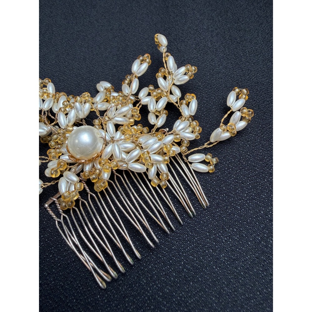 Vintage Pearl and Amber Bead Floral Metal Hair Comb Bridal Wedding Accessory - Picture 5 of 11